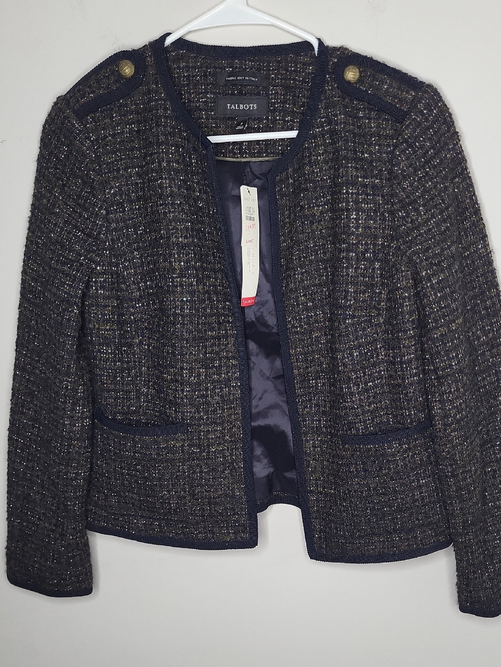 Talbots Nwt New Women's Navy Tweed Collarless Jacket Size 2